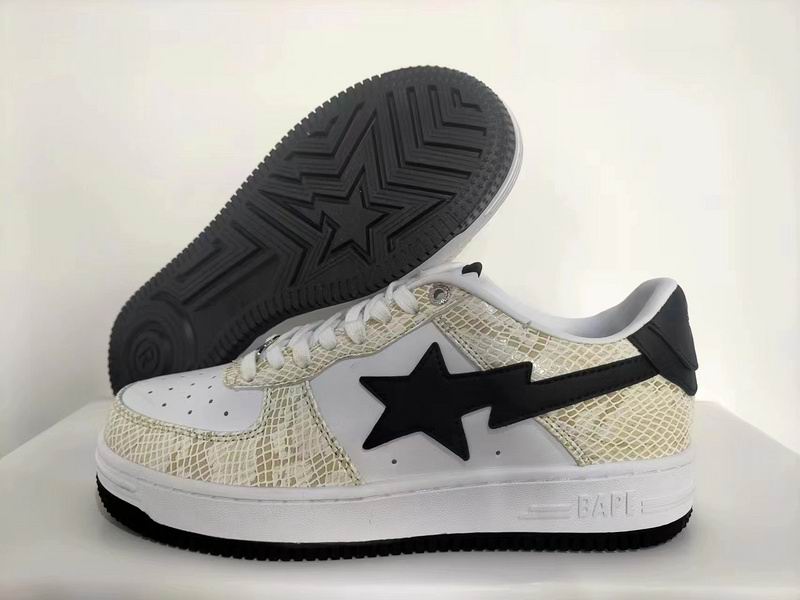 BAPE STA Low-Top Sneakers – White/Black with Cream-Gold Crackle Details